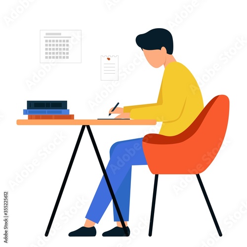 A guy sits at a table and holds a pen in his hand. A young man makes notes. The interior of the office.