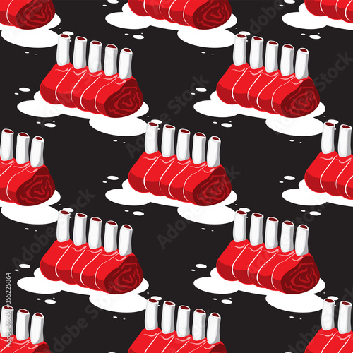 seamless pattern of juicy bone meat on a black background. Vector image