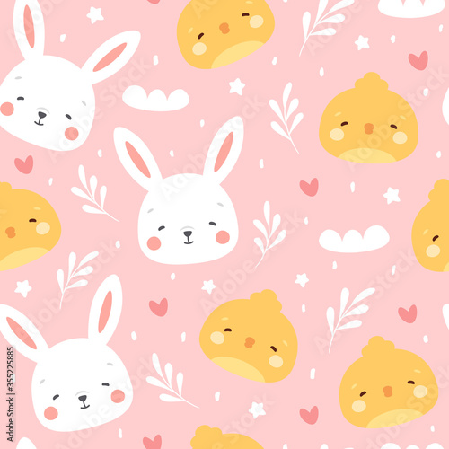 Rabbit and chick Seamless Pattern Background, Scandinavian Happy bunny with cloud, easter. cartoon rabbit vector illustration for kids nordic background