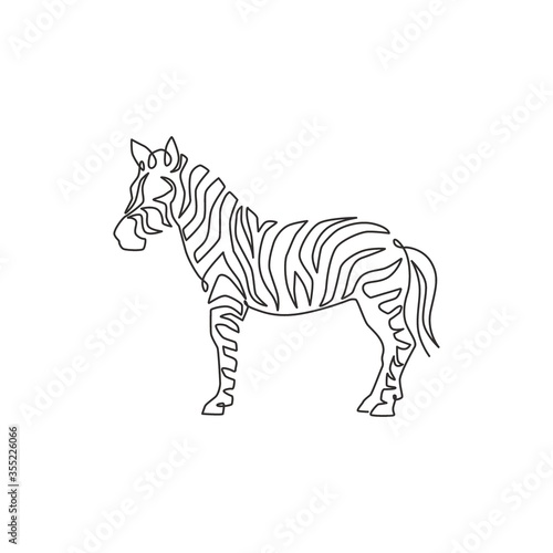 One single line drawing of zebra for national park zoo safari logo identity. Typical horse from Africa with stripes concept for kids playground mascot. Continuous line draw vector design illustration