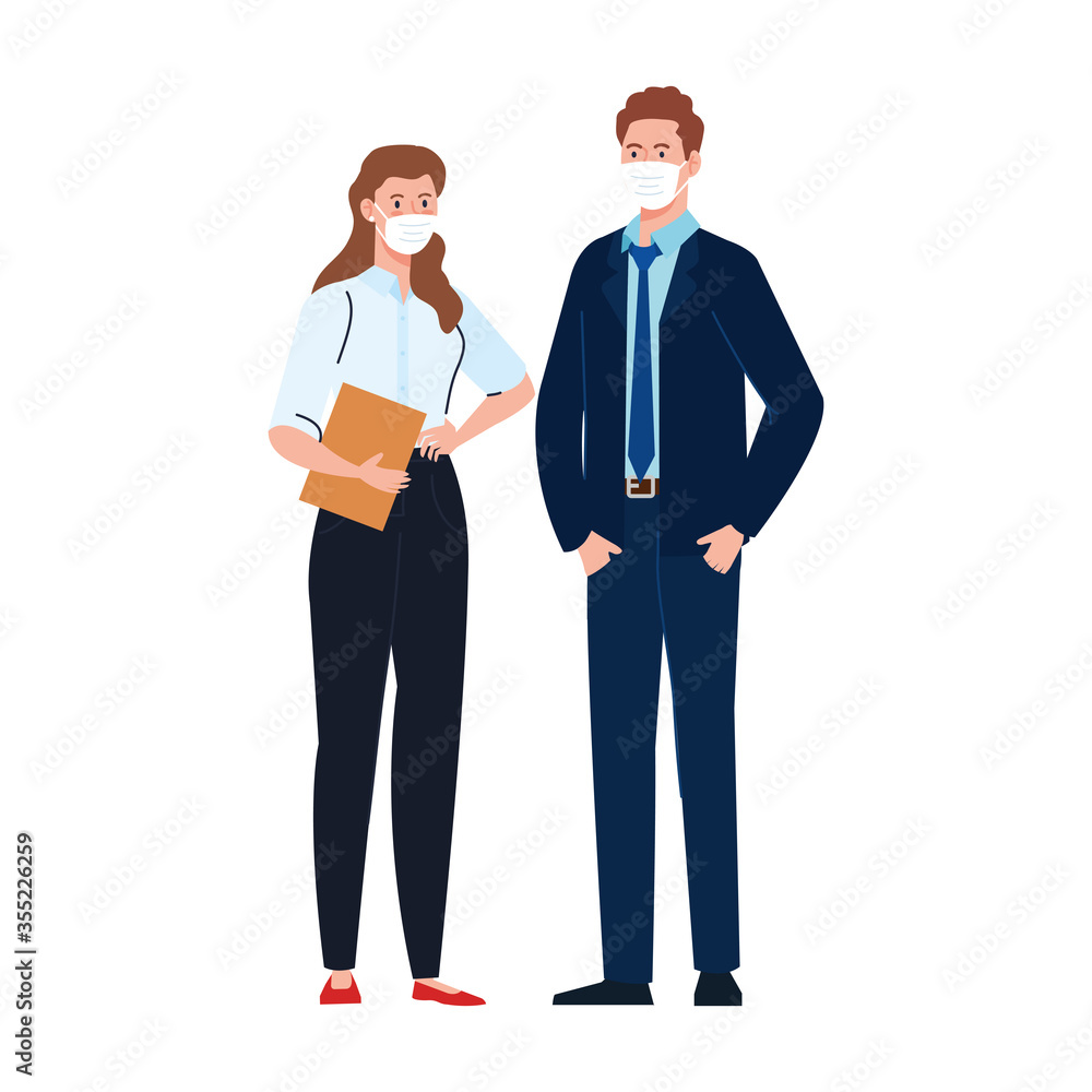 Female and male businesspeople with masks vector design Female and male businesspeople with masks vector design