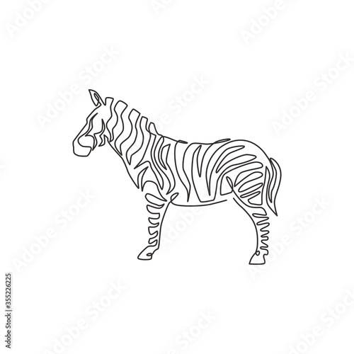 Single continuous line drawing of elegant zebra company logo identity. Horse with stripes mammal animal concept for national park safari zoo mascot. Trendy one line draw graphic design illustration