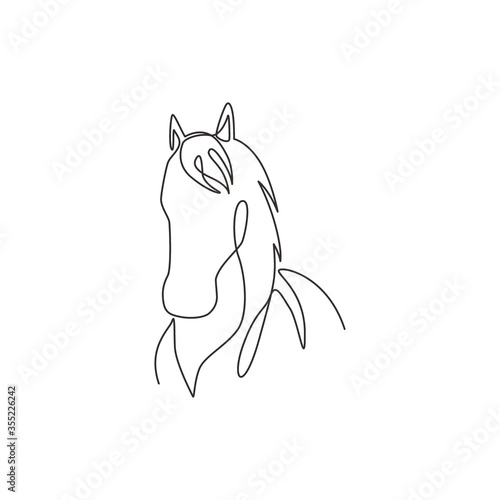 One single line drawing of beauty elegance horse head for company logo identity. Cute pony horse mammal animal symbol concept. Trendy continuous line draw design vector graphic illustration
