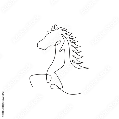 Single continuous line drawing of jumping elegant horse company logo identity. Strong mustang head mammal animal icon concept. Modern one line draw design graphic vector illustration