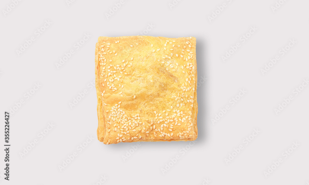 Sesame square pastry on a white background