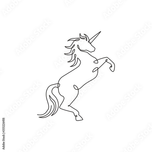 One single line drawing of cute jumping unicorn with horn for creative studio logo identity. Beautiful fairy animal creature mythology concept. Modern continuous line draw design vector illustration