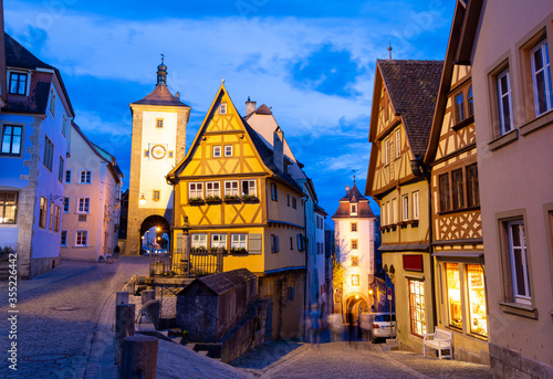 old town of Rothenburg ob der Tauber at evening  Bavaria  Germany