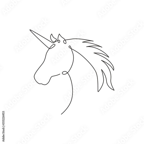 One continuous line drawing of beautiful cute unicorn head for company logo identity. Kids fantasy dream creature concept animal creature. Dynamic single line vector draw design graphic illustration