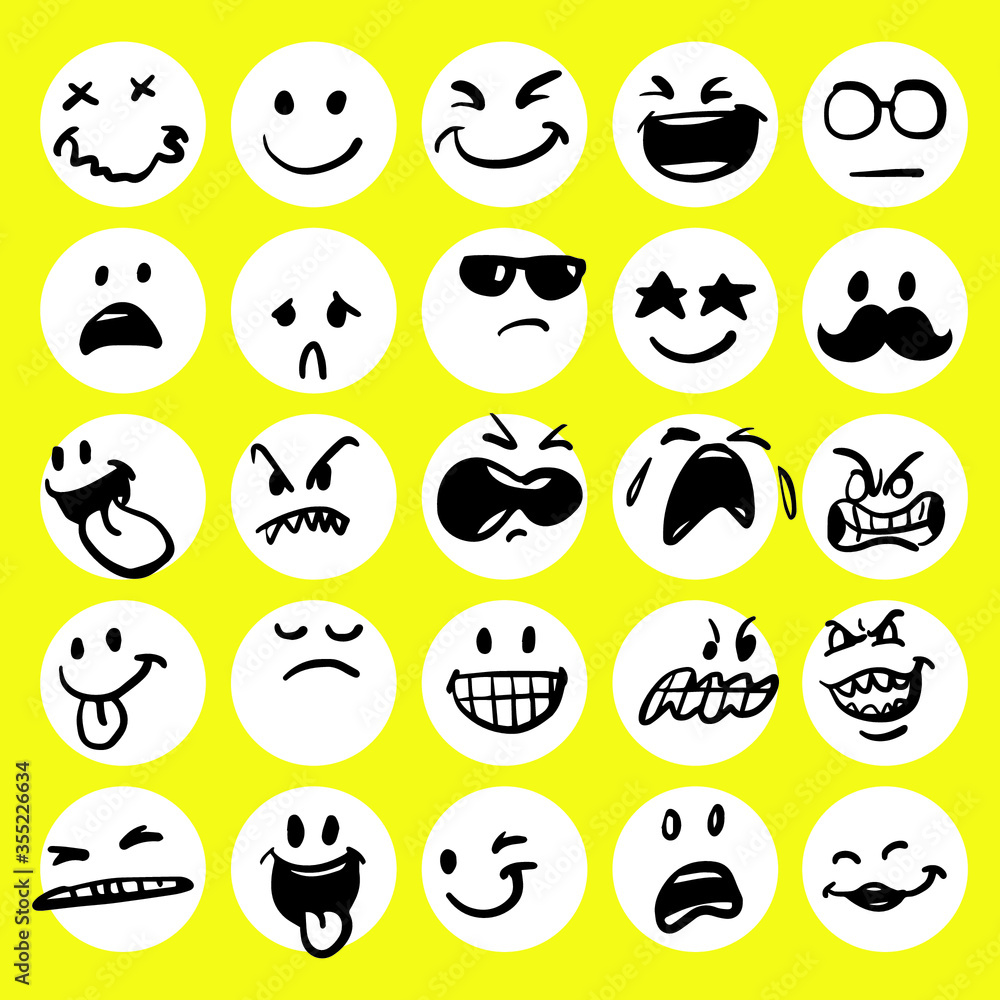 Set of cute emoticon hand drawn with yellow background vector Set of cute emoticon hand drawn with yellow background vector