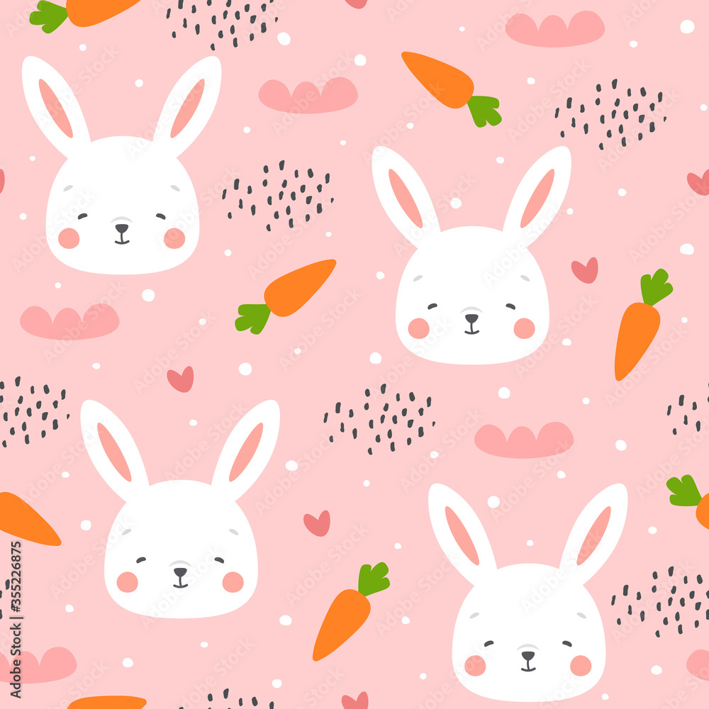 Rabbit and chick Seamless Pattern Background, Scandinavian Happy bunny with cloud, easter. cartoon rabbit vector illustration for kids nordic background Rabbit and chick Seamless Pattern Background, Scandinavian Happy bunny with cloud, easter. cartoon rabbit vector illustration for kids nordic background