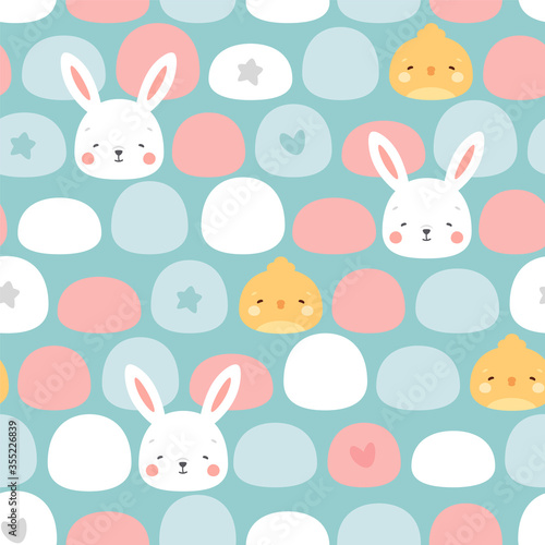 Rabbit and chick Seamless Pattern Background  Scandinavian Happy bunny with cloud  easter. cartoon rabbit vector illustration for kids nordic background
