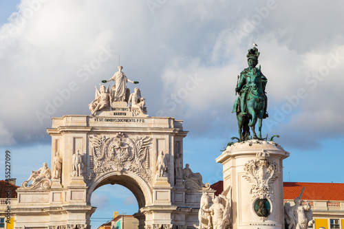 Lisbon Portugal: Equestrian statue of King Dom Jose I and Arco da Rua Augusta (Arch) are the prominent landmarks on Praca do Comercio - Commerce Square in the historical city center. Copy space. photo