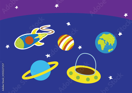 Vector of blue space image with earth, saturn and other stars, spacecraft and rockets.