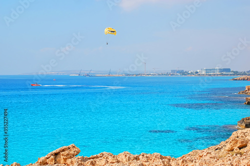 Seascape on the coast of Cyprus. Tourism, travel. Horizontal photo.