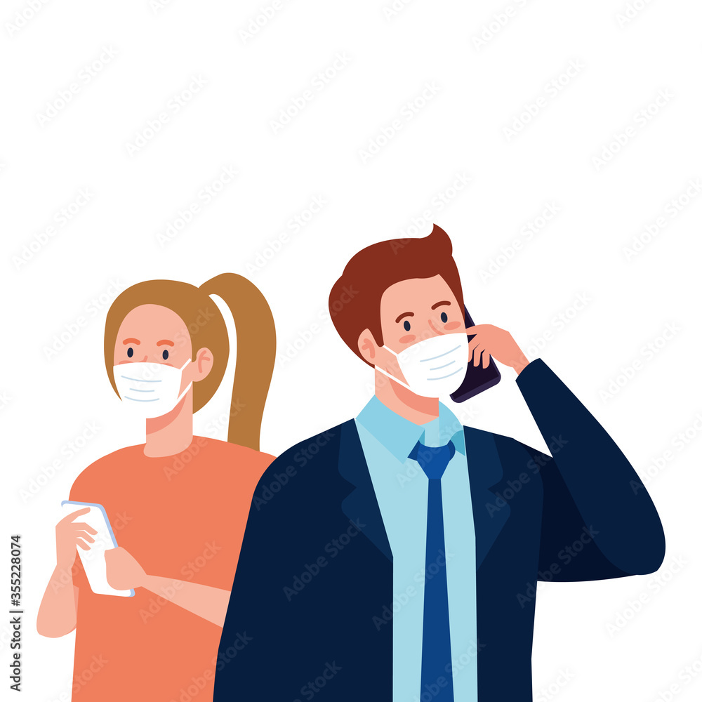 Woman and man with medical masks holding smartphone vector design Woman and man with medical masks holding smartphone vector design
