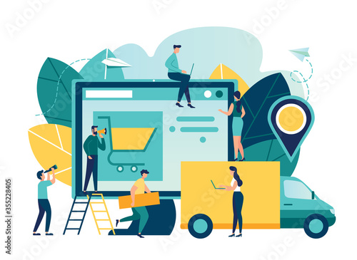 Vector illustration, flat style, various shops, discounts, buying and delivery of goods and gifts through online, real estate investment, shopping concept