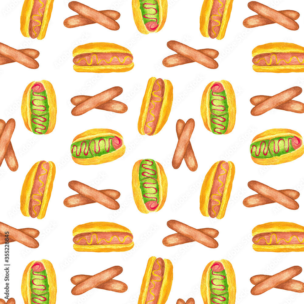 Watercolor illustration of hot dog wiener in pastry bun with ketchup or mustard pattern set isolated on white background Design for a hot dog wrapper, for an apron of the seller of a hot dog