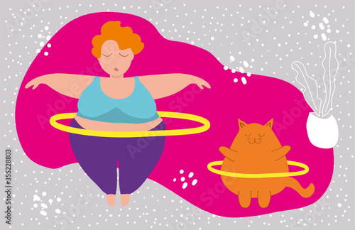 Body positive concept. A happy plus size girl and a fat red cat play sports, twist a hoop. Leads an active healthy lifestyle. Flat vector illustration. Design for banner, poster, sticker, web.