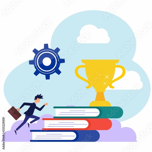 Stack of books and trophies winners above. Businessman climbing the stairs, enhancing new skills, new ideas and business concepts, vector illustration of a modern style.