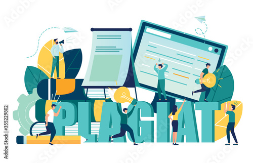 Vector illustration, stealing and plagiarism ideas, thoughts, a man running away with a light bulb in his hands and trying to catch him 