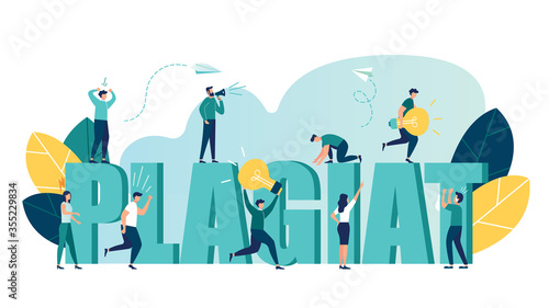 Vector illustration, stealing and plagiarism ideas, thoughts, a man running away with a light bulb in his hands and trying to catch him