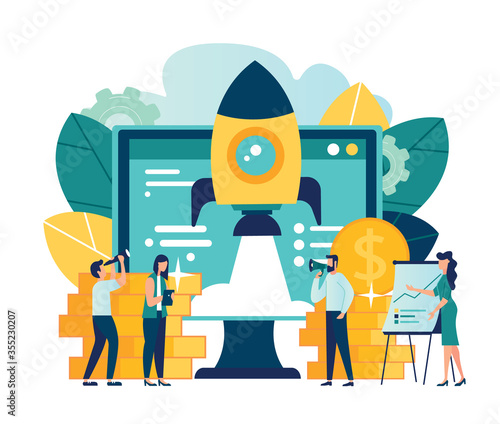 The launch of a new business in a young developing company. metaphor of rocket launch into space from the site. vector illustration business in a flat colorful cartoon style