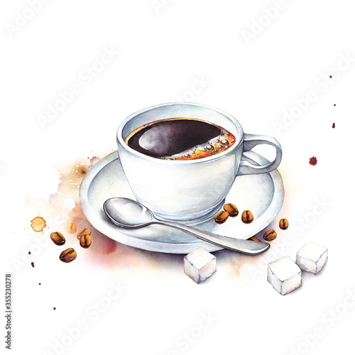 Hand drawn watercolor illustration cup of coffee, coffee beans, sugars and teaspoon