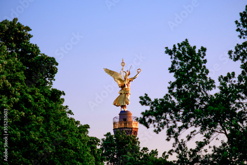 View on the Victory Column in Berlin, Germany at sunset.