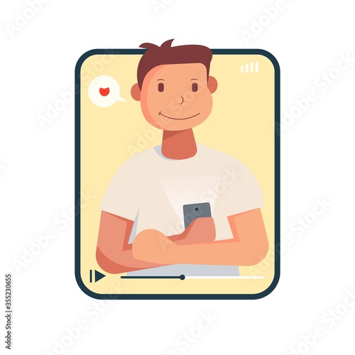 Flat style vector illustration. Concept of on line video chat app, internet talk, call technology. Video player window with speaking people and messages. 