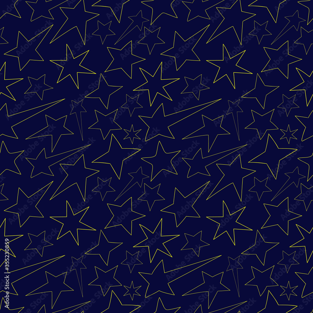 Outlines of stars on a blue background. Seamless vector pattern for packaging, Wallpaper, design, fabric