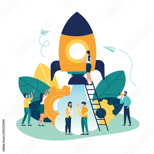 vector illustration people are building a spaceship rocket. cohesive teamwork in the startup