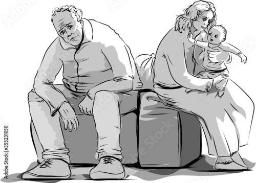 immigrants, refugees family, vector drawing