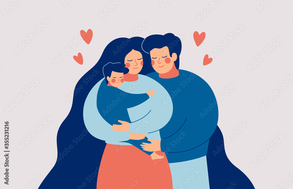 Happy young mother and father embrace their child with care and love. Family concept. Vector illustration Happy young mother and father embrace their child with care and love. Family concept. Vector illustration