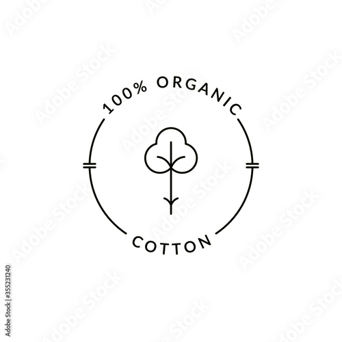 Natural organic cotton logo. Simple round line sticker isolated on white background. Outline pure cotton flower sustainable stamp tag, vector illustration