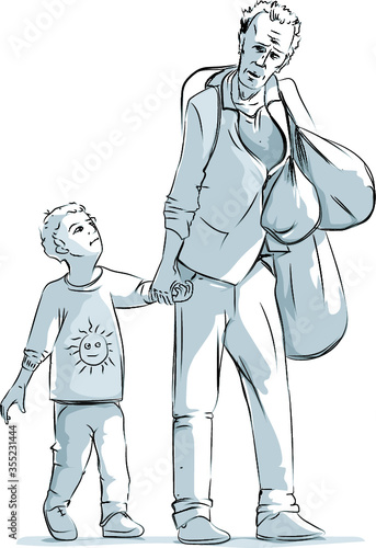 immigrants family, father & son vector drawing