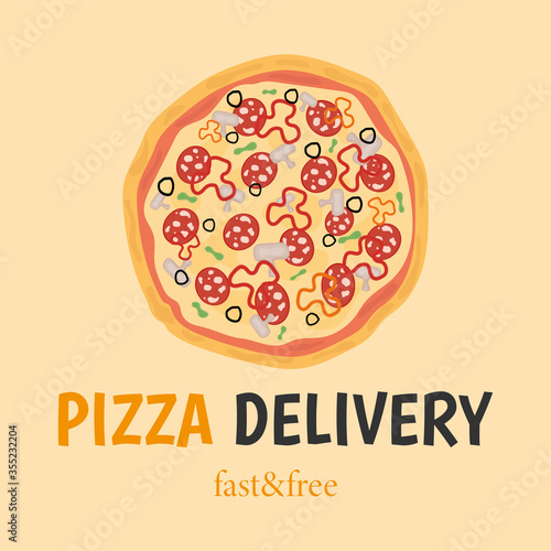 Pizza delivery. Online delivery service concept. Banner, card. Fast and free. Vector illustration