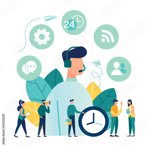 Vector illustration, customer service, male hotline operator advises client, online global technical support 24/7, customer and operator