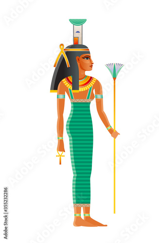 Nephthys ancient Egyptian goddess. Daughter of Nut, Geb. Isis sister. Seth wife. Deity of mourning, night darkness, childbirth, dead protection, magic, health, embalming. Old historical art from Egypt photo