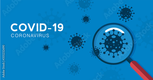 Magnifying glass covid-19 Coronavirus concept outbreak influenza background.Pandemic medical health risk concept with disease cell is dangerous vector design.