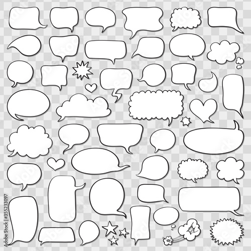 set of speech bubbles on transparent grid background. doodle or cartoon, sketch drawing call-outs set, communication design elements