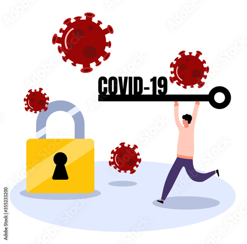 Unlock corona virus covid-19 vector man try to unlock with covid-19 key  reopen back to work. 