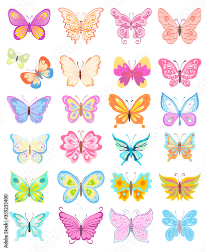 set of cartoon butterflies with light soft colors. vector