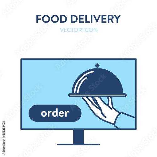 Online food ordering icon. Vector concept illustration of computer monitor screen with a metal platter of food in the hand and order text button. Represents a concept of online food ordering