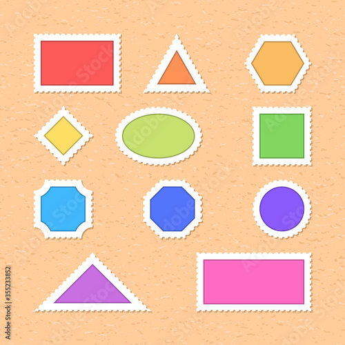 Blank color postage stamps are on a background of old paper. The postage stamp template is the shape of the rectangle, triangle, hexagon, rhombus, ellipse, square, octagon, and circle shapes. photo