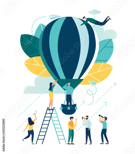 vector illustration, search for new ideas, teamwork in the company, brainstorming, fantasy flight, thought process, balloon flies up the company of little men rejoice, moving up approaching the goal