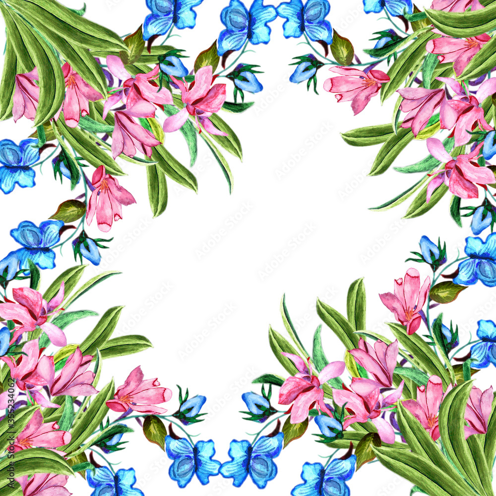 Watercolor hand painted nature meadow floral seamless pattern with pink magnolia, blue flowers and green petals isolated on white background