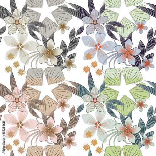 Vector set of seamless floral pattern  4 coloring options. Decorative print for fabric design  hand-drawn flowers of different sizes and shapes on a light background.