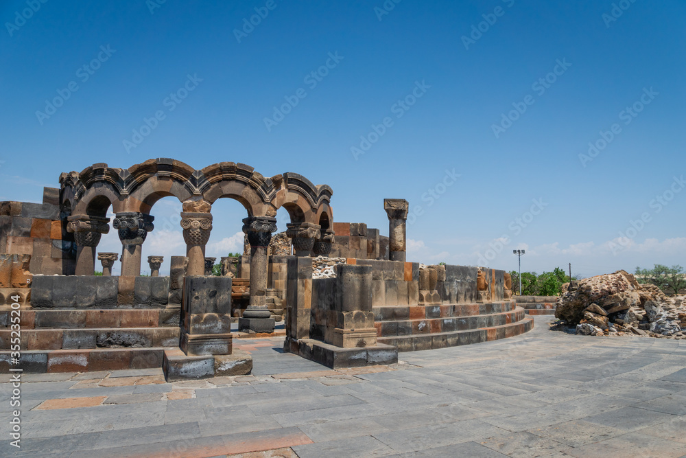 Zvartnots Cathedral ruin near Yerevan, Armenia. Zvartnots Cathedral is a 7th-century centrally planned aisled tetraconch type Armenian cathedral and UNESCO world heritage site.