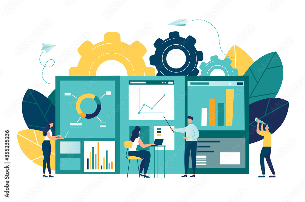 vector illustration of business, office workers are studying the infographic, the analysis of the evolutionary scale vector illustration of business, office workers are studying the infographic, the analysis of the evolutionary scale