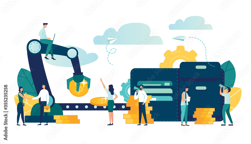 Naklejka premium Vector illustration of financial transactions, Banking and money transfers, production of cash coins